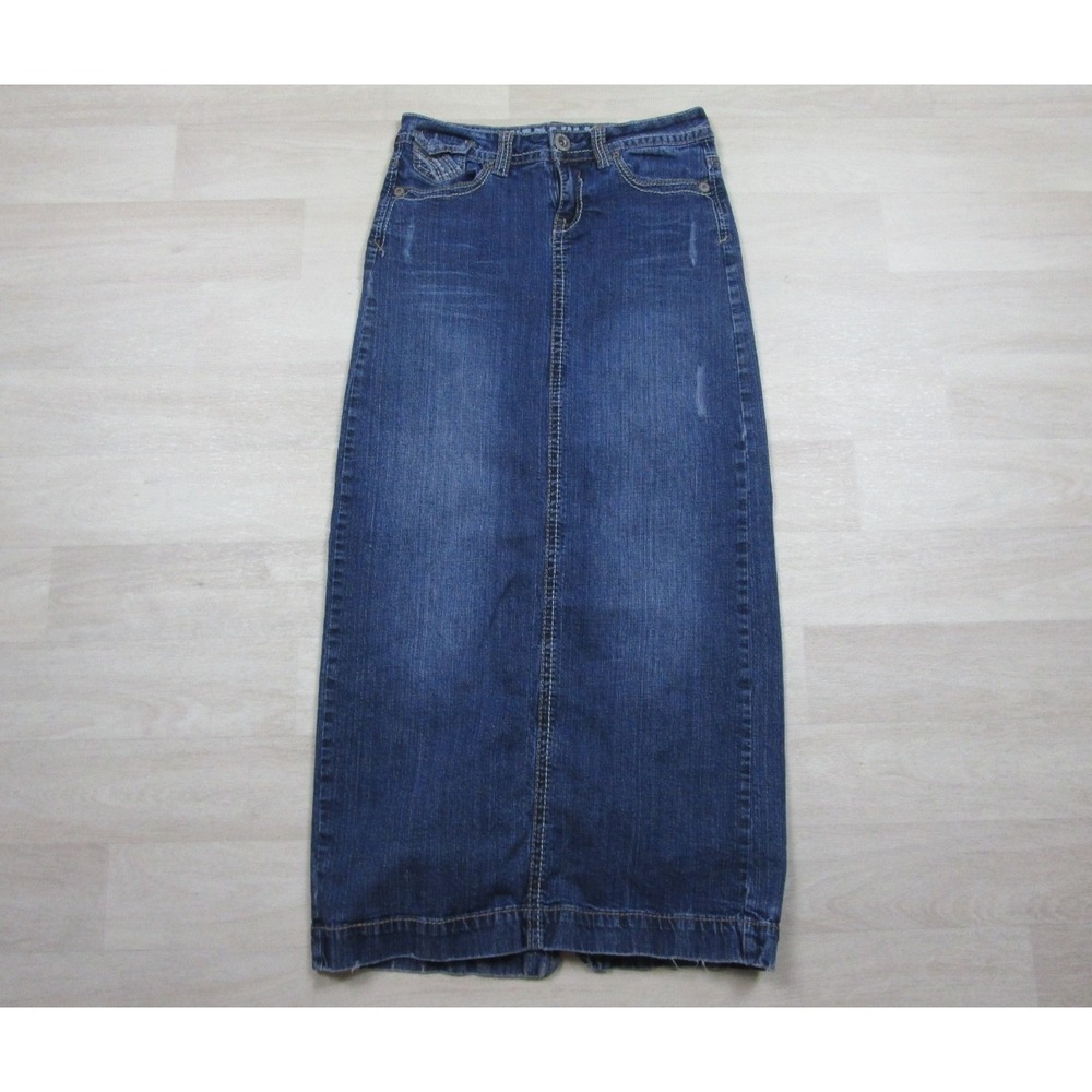 Vintage Y2K Hydraulic Low Rise Denim Maxi Skirt (1/2) Back Slit Flap Pocket